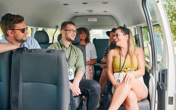 Group enjoying Yarra Valley hop-on-hop-off bus tour from Melbourne.
