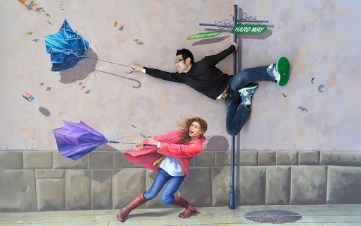 Visitors interacting with optical illusions at Tokyo Trick Art Labyrinth Museum.
