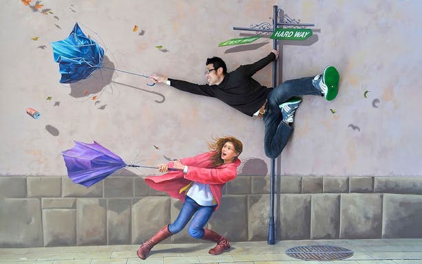 Visitors interacting with optical illusions at Tokyo Trick Art Labyrinth Museum.