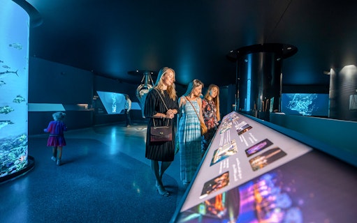 Visitors exploring interactive displays at The View At The Palm, Dubai.