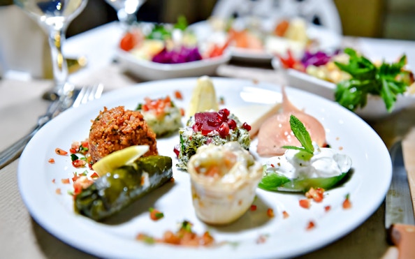 Turkish meze platter on a Bosphorus dinner cruise with private table.