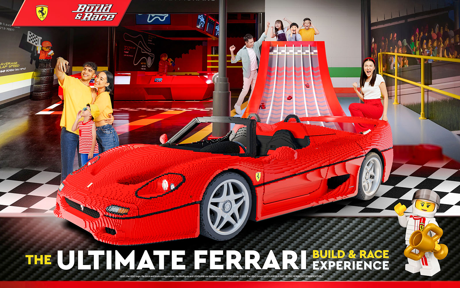 Lego Ferrari car at Legoland's Build and Race experience with families enjoying activities.