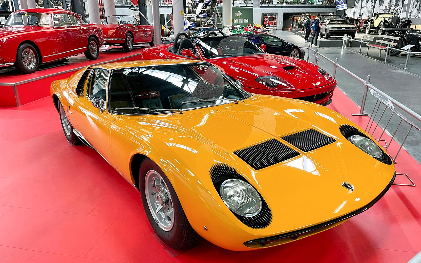 Vintage cars displayed at Technik Sinsheim museum in Germany.