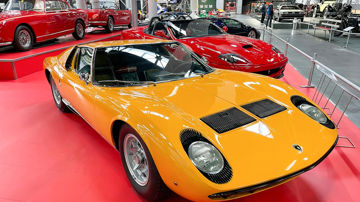 Vintage cars displayed at Technik Sinsheim museum in Germany.
