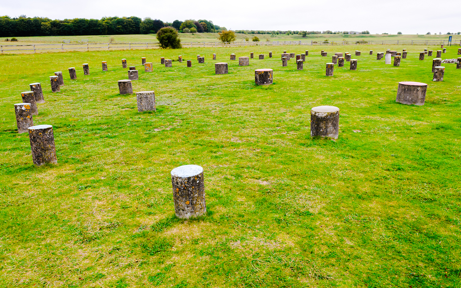 Stone circle at Woodhenge, Wiltshire, surrounded by green fields.