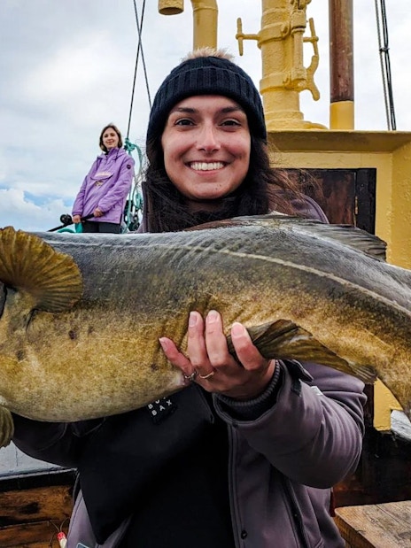 Woman holding Atlantic cod on fishing boat cruise, Lofoten.