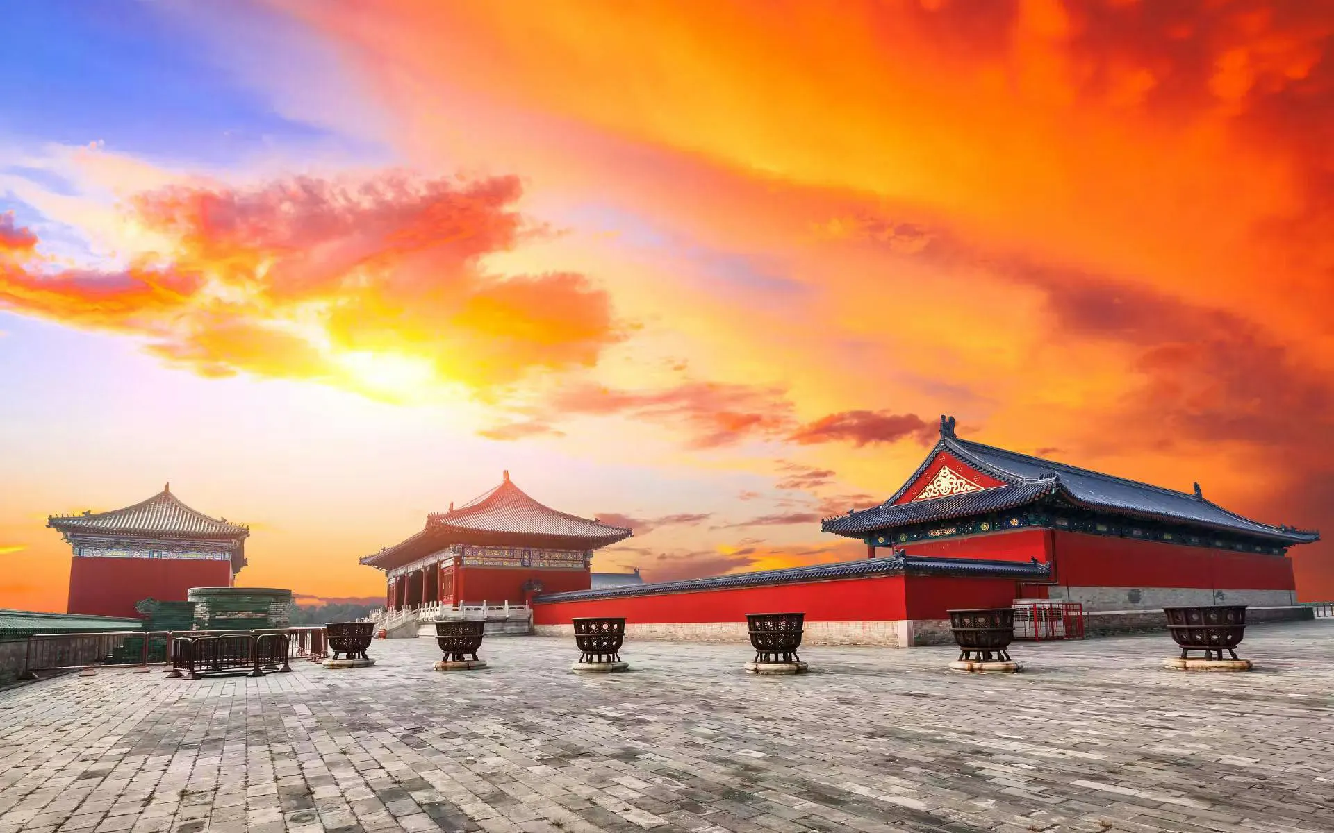 Forbidden City courtyard at sunset, Beijing, China, with traditional architecture.
