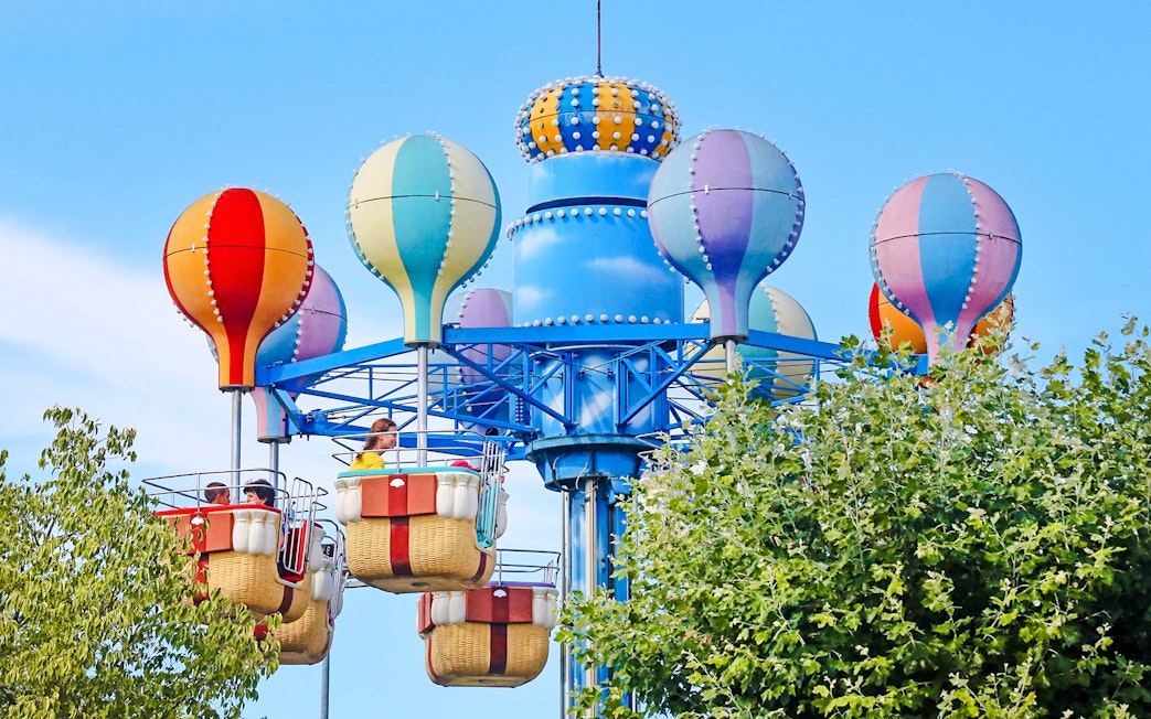 Colorful hot air balloon ride at Italia in Miniatura theme park.