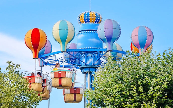 Colorful hot air balloon ride at Italia in Miniatura theme park.