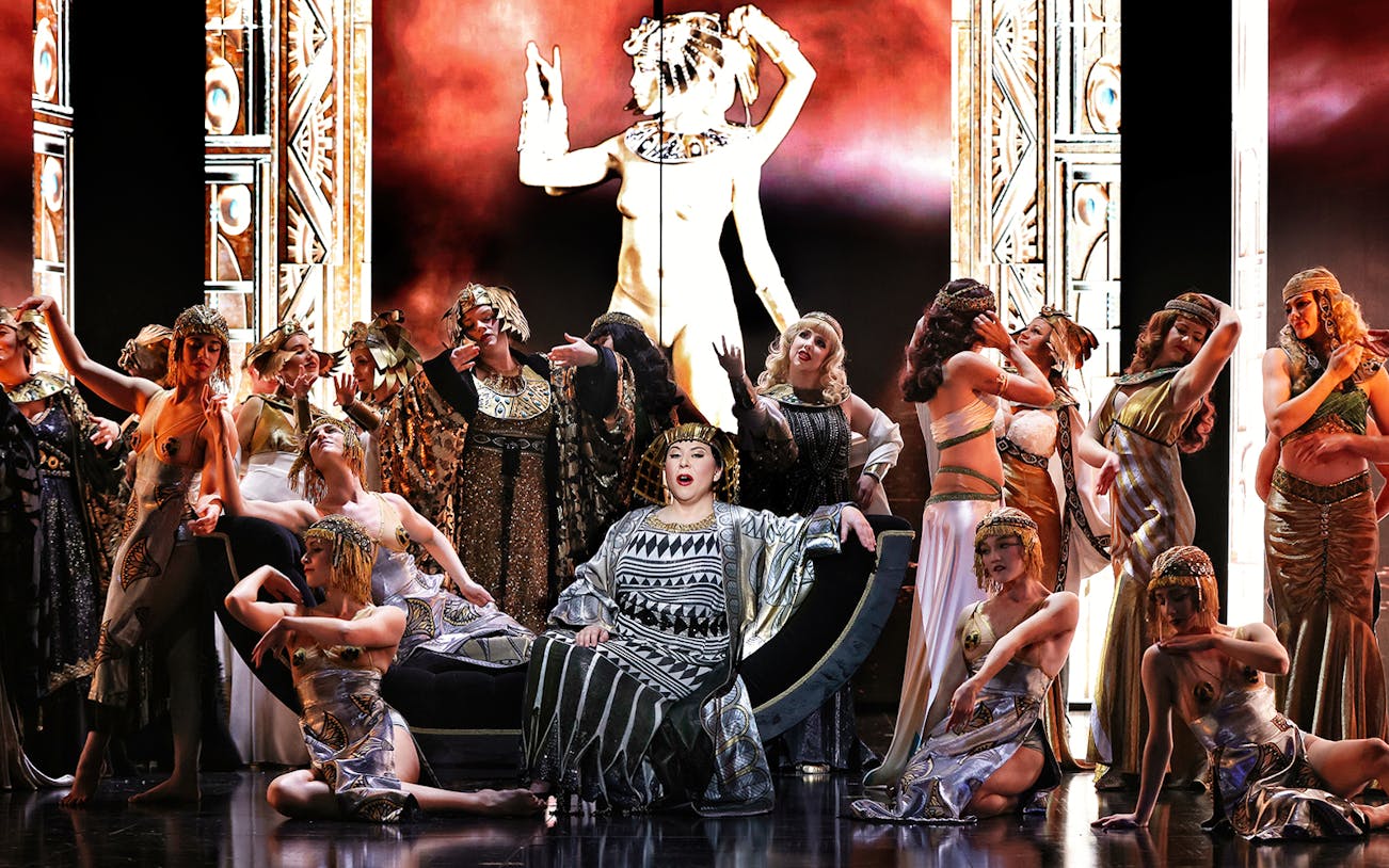 Performance of Aida at Queensland Performing Arts Centre with cast in Egyptian costumes.