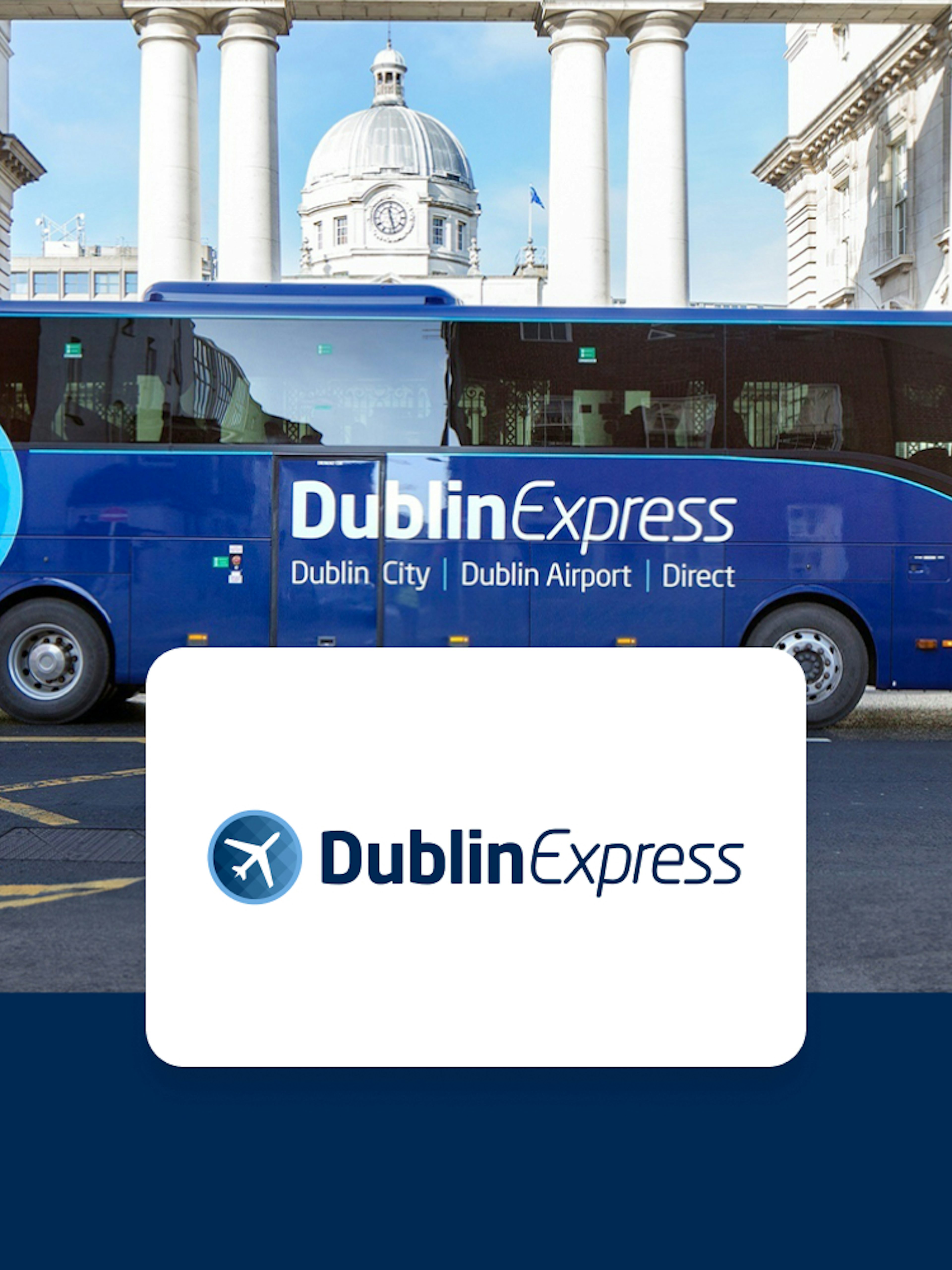 Dublin Express bus in front of historic building, offering one-way tickets from Belfast to Dublin Airport.