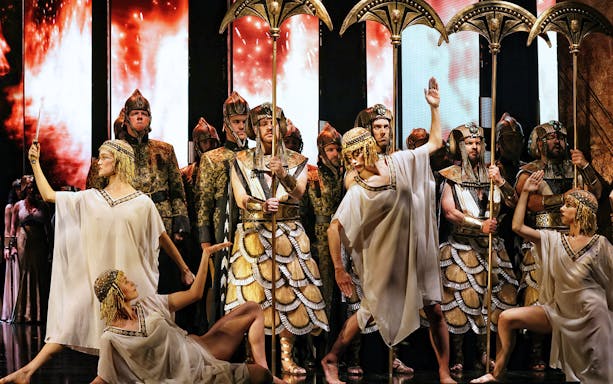 Performers in Egyptian costumes during Aida at Queensland Performing Arts Centre.