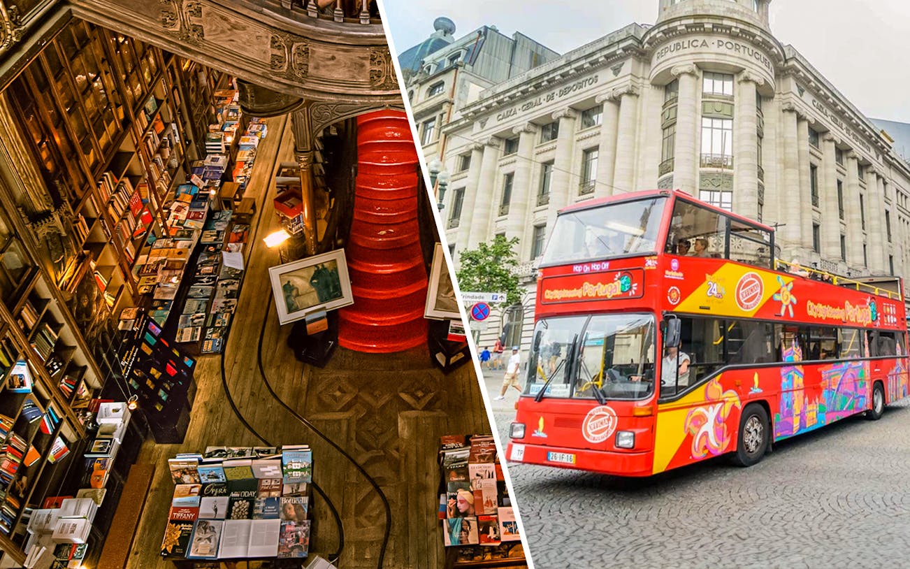 Livraria Lello interior and Porto hop-on hop-off bus in front of historic building.