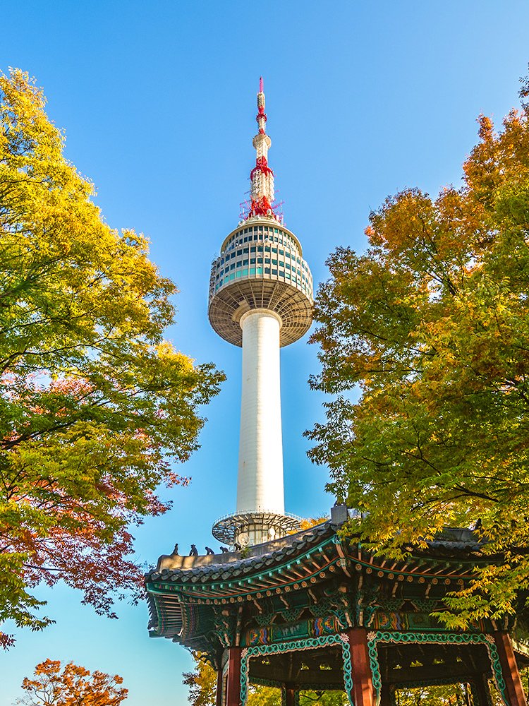 Namsan Seoul Tower above autumn trees and Korean pavilion.