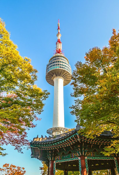 Namsan Seoul Tower above autumn trees and Korean pavilion.
