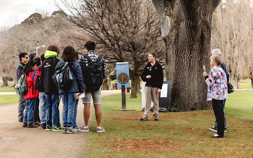 Group listening to a guide during Port Arthur tour with trees in the background.