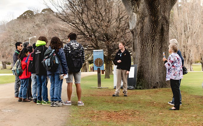 Group listening to a guide during Port Arthur tour with trees in the background.