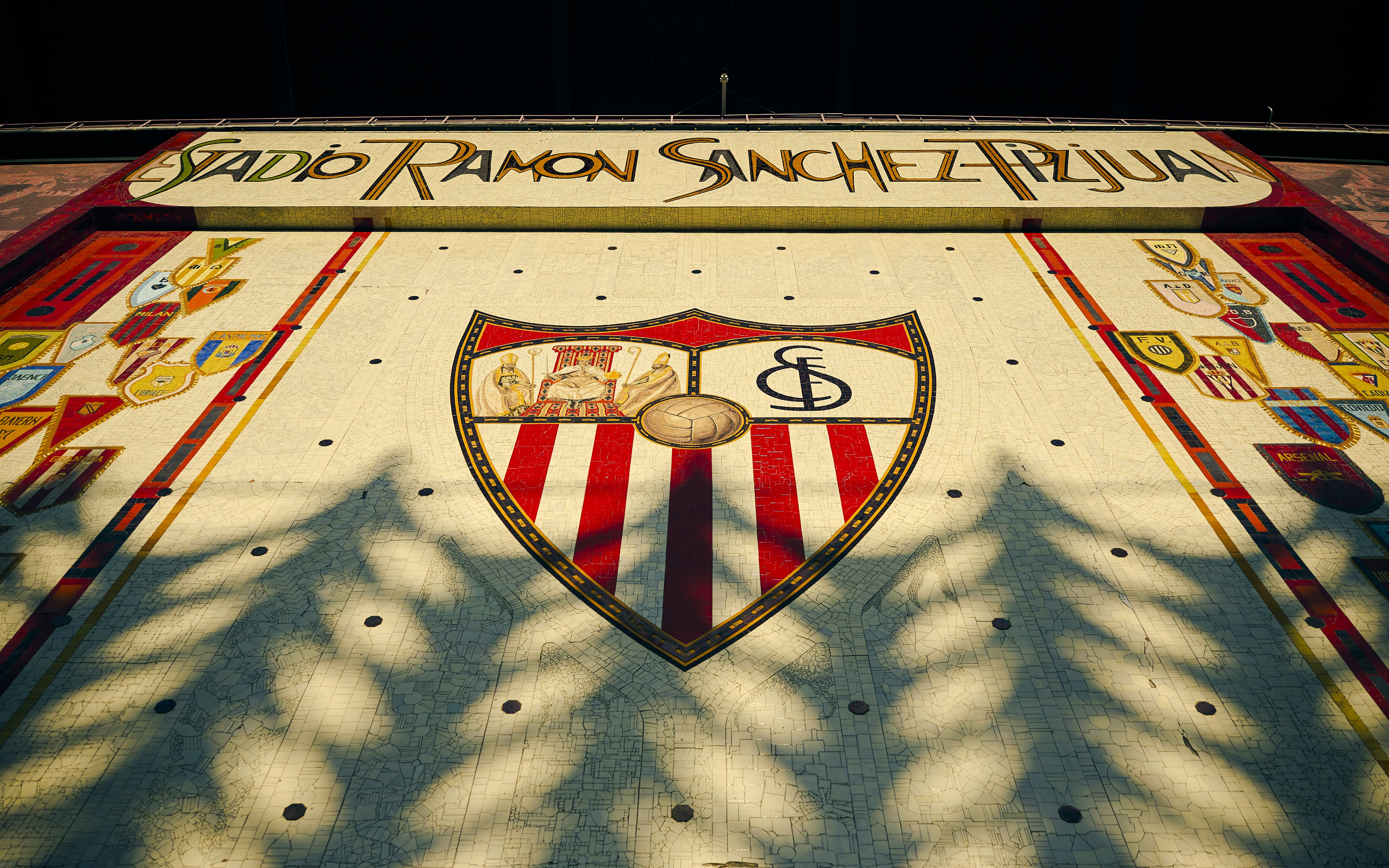 Ceramic mosaic mural on Ramón Sánchez Pizjuán Stadium facade, Sevilla FC, Seville, Spain.