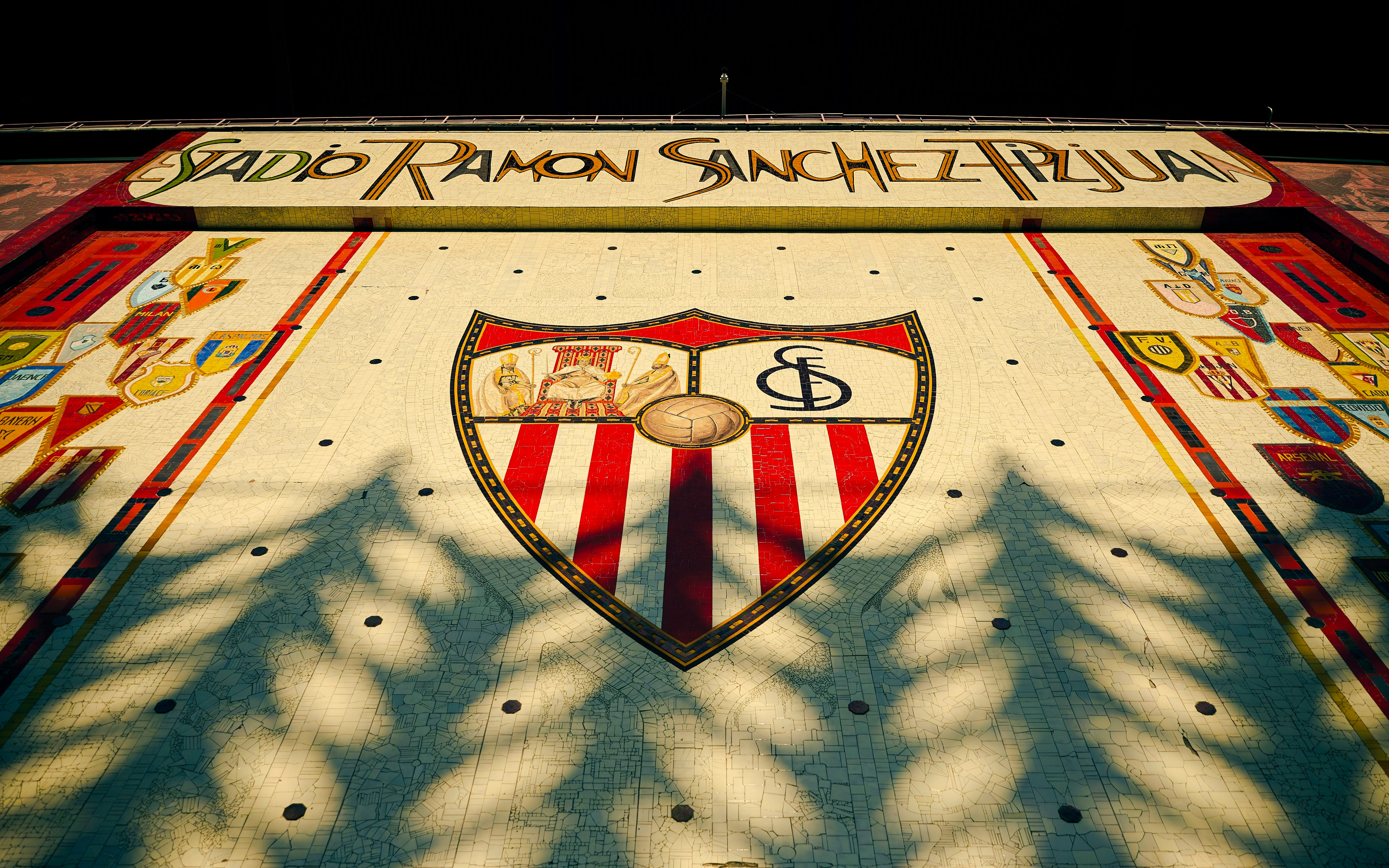Ceramic mosaic mural on Ramón Sánchez Pizjuán Stadium facade, Sevilla FC, Seville, Spain.