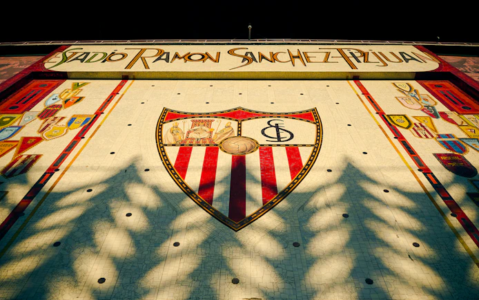 Ceramic mosaic mural on Ramón Sánchez Pizjuán Stadium facade, Sevilla FC, Seville, Spain.