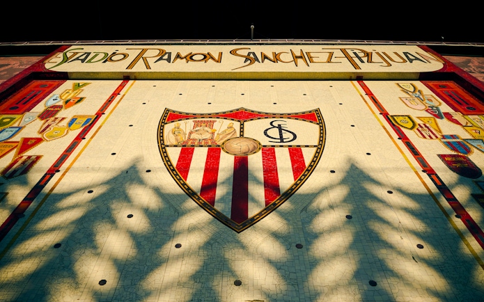 Ceramic mosaic mural on Ramón Sánchez Pizjuán Stadium facade, Sevilla FC, Seville, Spain.