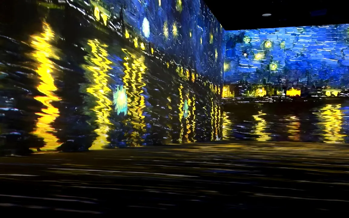 Immersive Van Gogh exhibit in Kuala Lumpur with vibrant night scene projections.