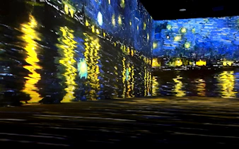 Immersive Van Gogh exhibit in Kuala Lumpur with vibrant night scene projections.