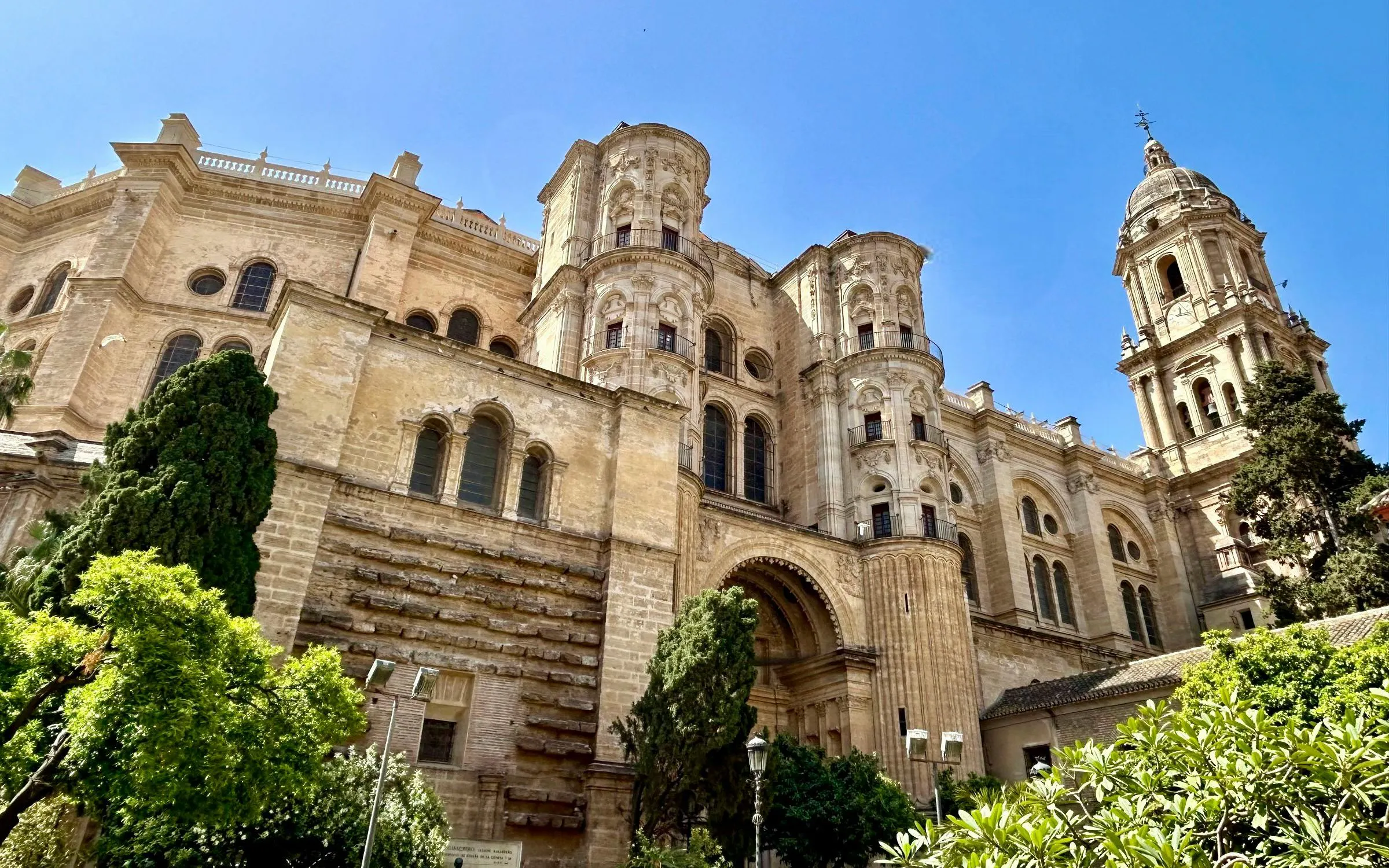 Málaga Cathedral with Renaissance architecture and lush greenery.