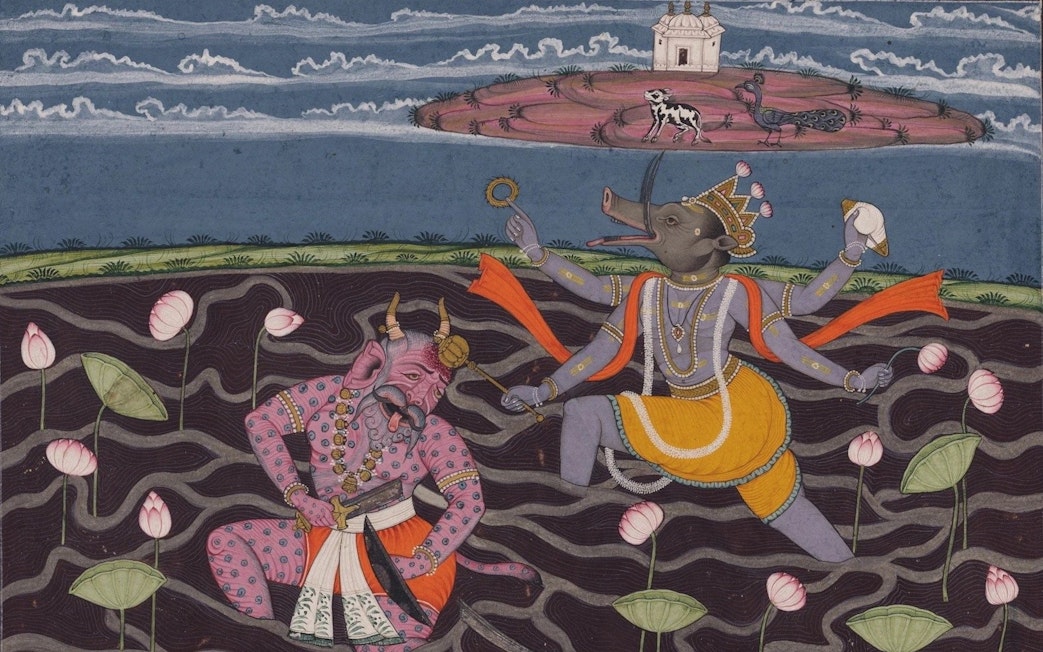 Varaha, Vishnu's boar avatar, battles a demon in a miniature painting at Art Gallery of New South Wales, Sydney.