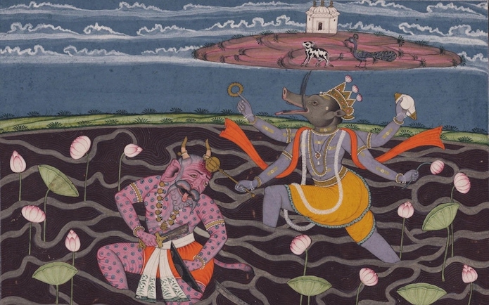 Varaha, Vishnu's boar avatar, battles a demon in a miniature painting at Art Gallery of New South Wales, Sydney.