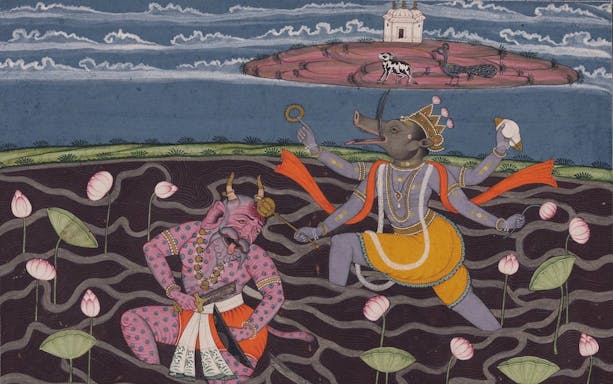 Varaha, Vishnu's boar avatar, battles a demon in a miniature painting at Art Gallery of New South Wales, Sydney.