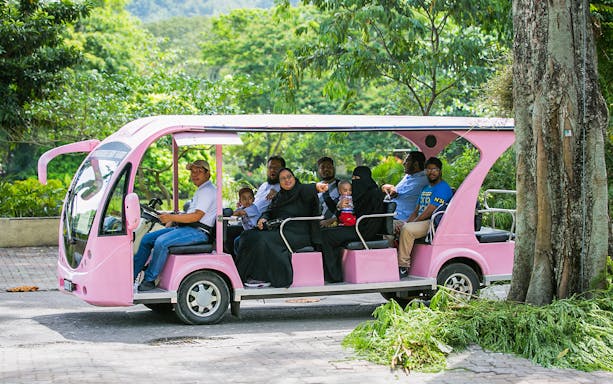 Visitors on a pink tram tour at Zoo Negara, surrounded by lush greenery.