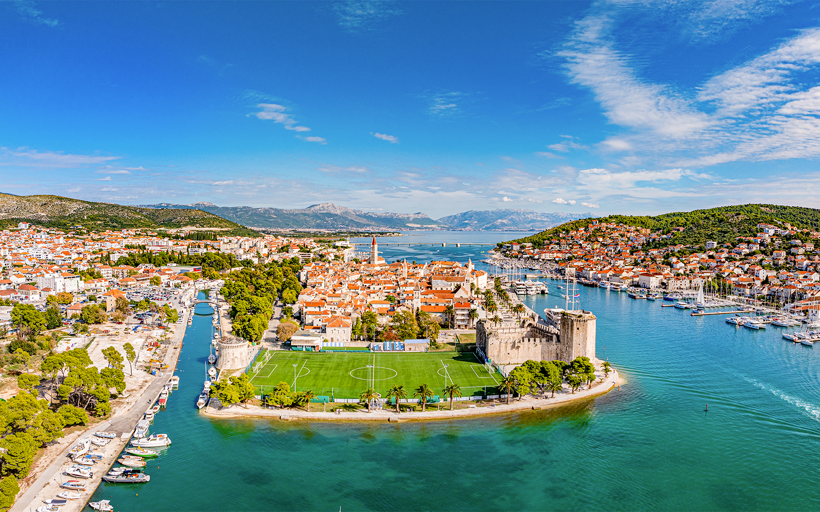 Aerial view of Trogir's historic center and marina, starting point for Blue Lagoon tour.