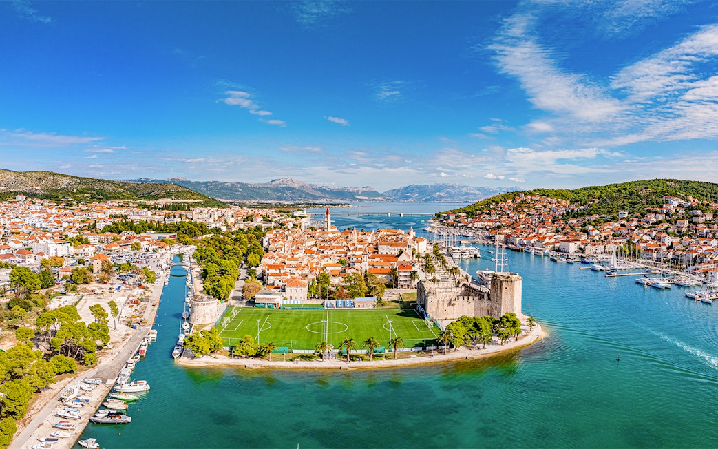 Aerial view of Trogir's historic center and marina, starting point for Blue Lagoon tour.