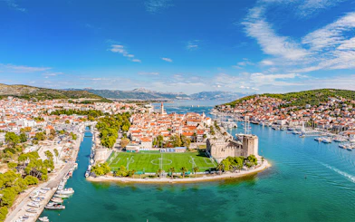 Aerial view of Trogir's historic center and marina, starting point for Blue Lagoon tour.