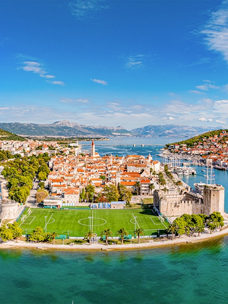 Aerial view of Trogir's historic center and marina, starting point for Blue Lagoon tour.