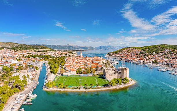 Aerial view of Trogir's historic center and marina, starting point for Blue Lagoon tour.