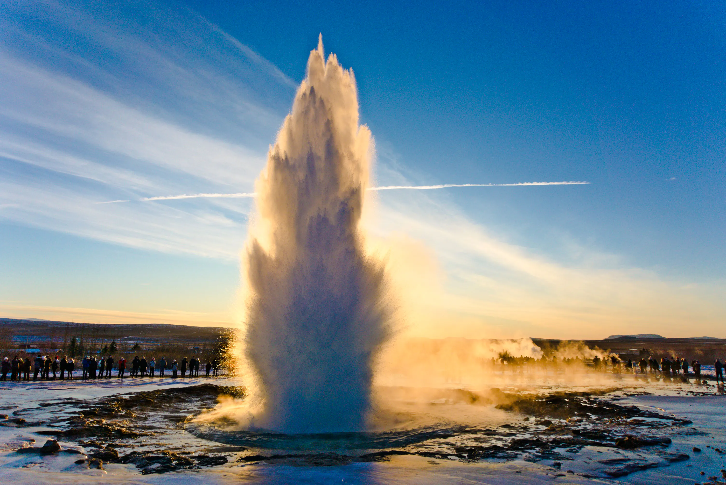 Geyser eruption at sunrise on Golden Circle Day Tour, Reykjavik.