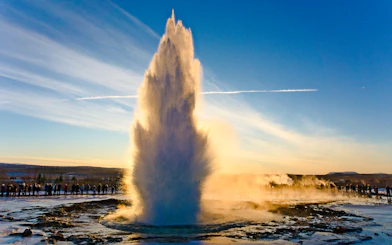 Geyser eruption at sunrise on Golden Circle Day Tour, Reykjavik.