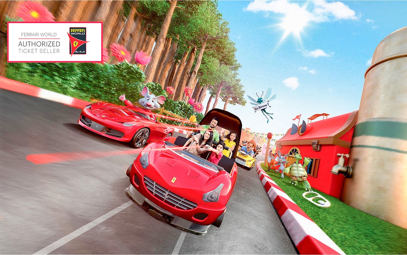 Family enjoying a ride at Ferrari World Abu Dhabi with animated characters and vibrant scenery.