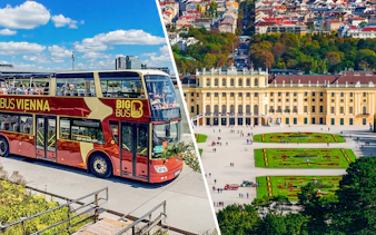 Aerial view of Schönbrunn Palace gardens and a Vienna tour bus.