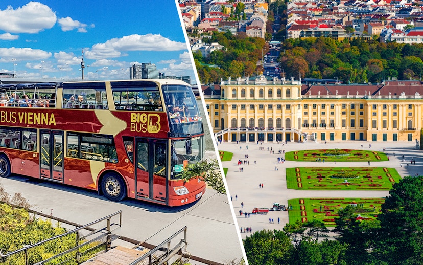 Aerial view of Schönbrunn Palace gardens and a Vienna tour bus.