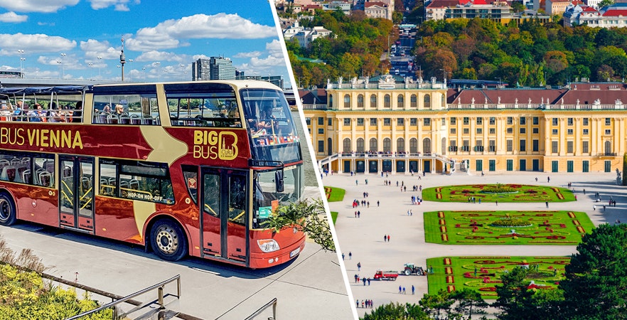 Aerial view of Schönbrunn Palace gardens and a Vienna tour bus.