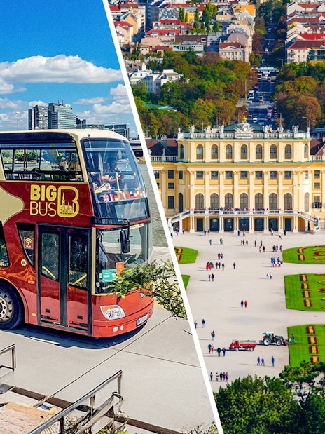 Aerial view of Schönbrunn Palace gardens and a Vienna tour bus.