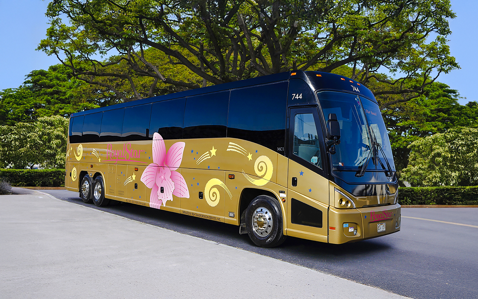Royal Star Hawaii tour bus with floral design parked under trees.