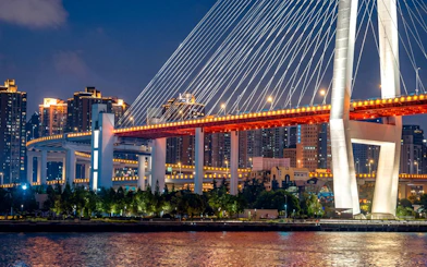 Nanpu Bridge in Shanghai lit with red and white lights at night.