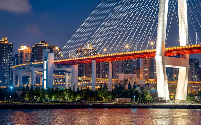 Nanpu Bridge in Shanghai lit with red and white lights at night.