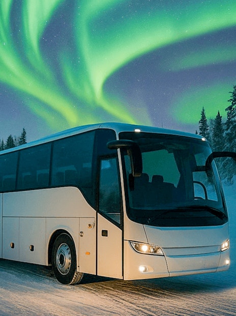 Heated coach under Northern Lights during Northern Lights Big Group Tour.