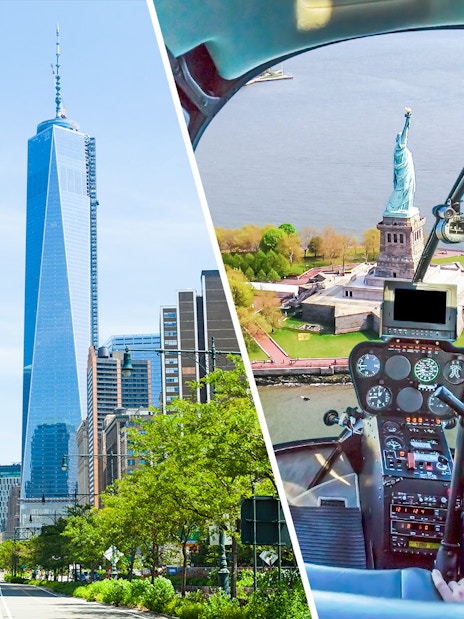 One World Trade Center and aerial view of Statue of Liberty from helicopter tour in NYC.