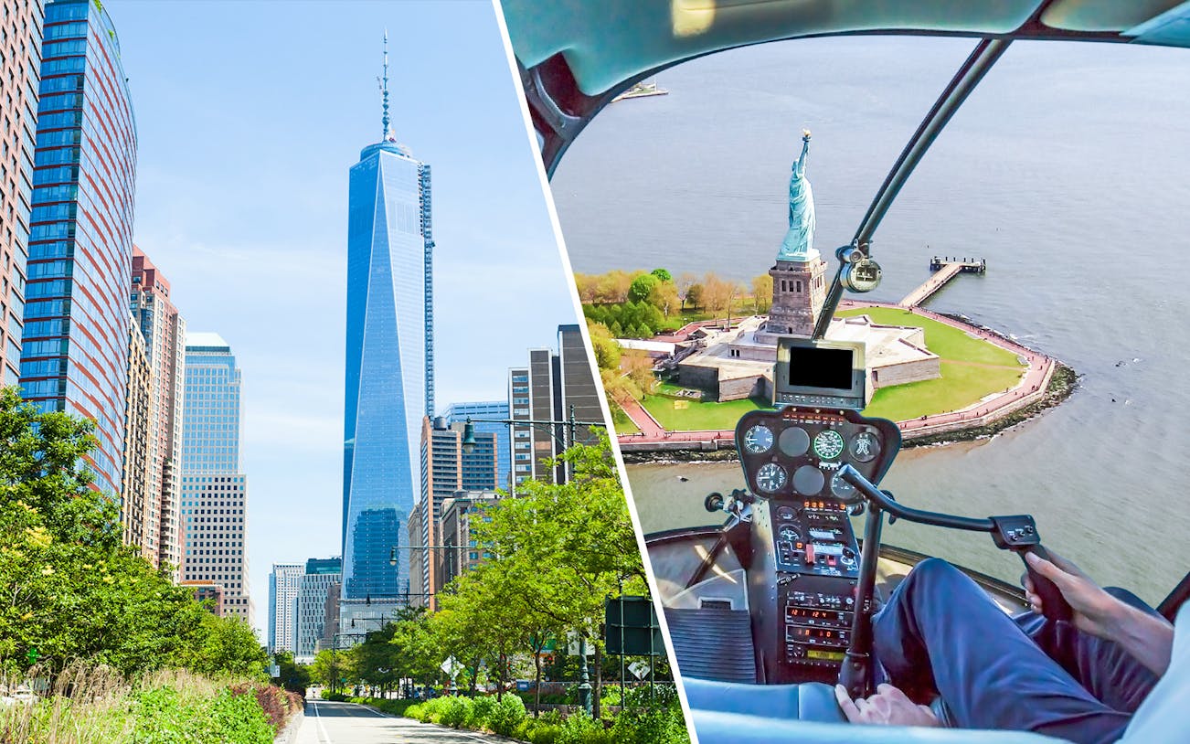 One World Trade Center and aerial view of Statue of Liberty from helicopter tour in NYC.
